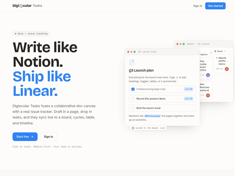 Digiocular — Digiocular Tasks — Notion × Linear productivity
